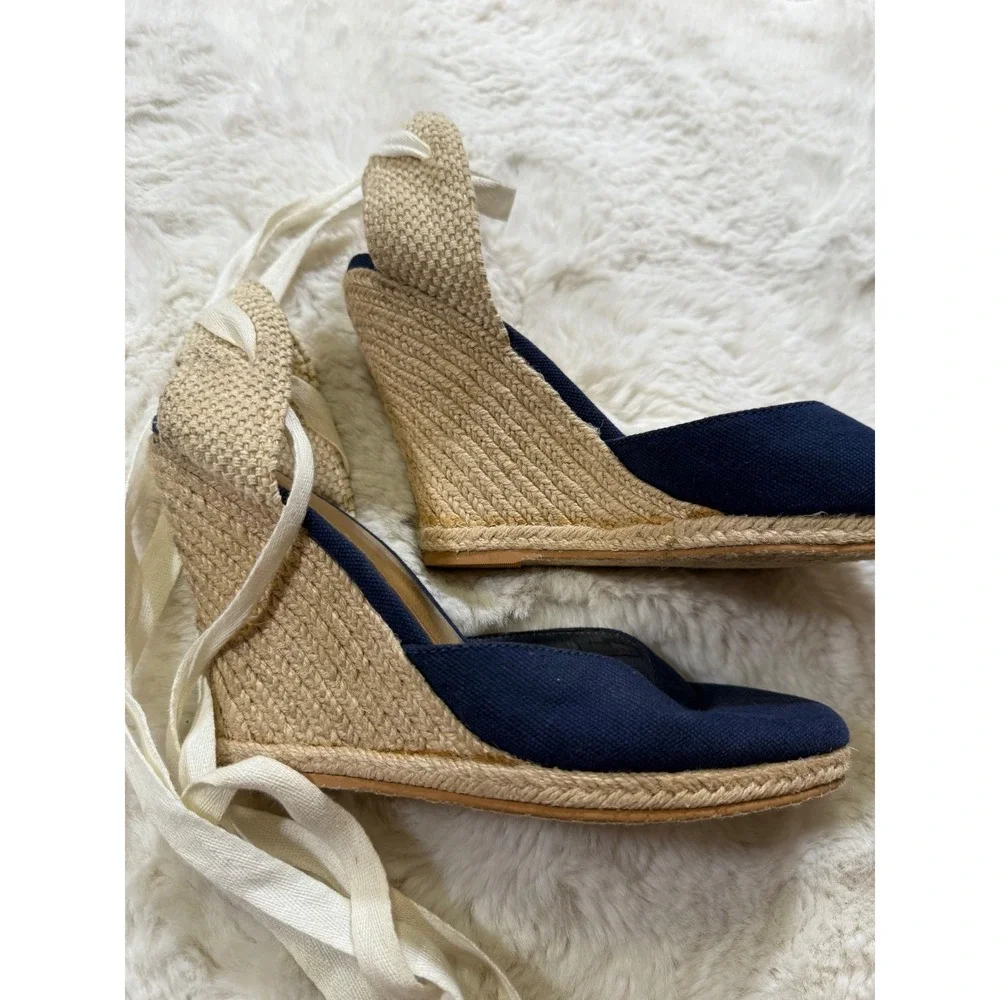 Lilly Pulitzer Wedge Espadrilles Navy Blue Sandals 9 Coastal Nautical Resortwear